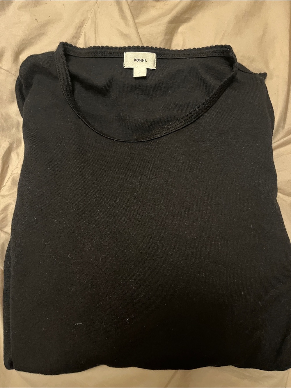 DONNI. Pointelle Black Long Sleeve Crewneck Tee